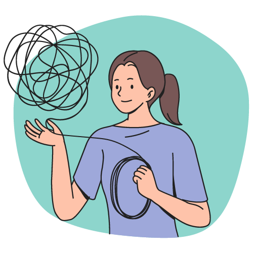 Illustration einer Frau in einem hellblauen Shirt, die ein verworrenes Wollknäuel in ihrer Hand hält und dabei beginnt, den Faden zu entwirren. Symbolisiert Ordnung und Unterstützung in herausfordernden Zeiten.